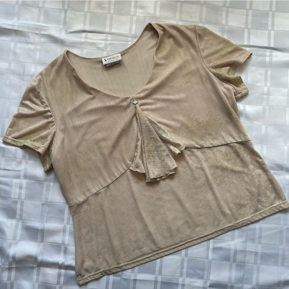 Versailles Vintage T-shirt Blouse Subtle Metallic Pattern & Gathered Detail